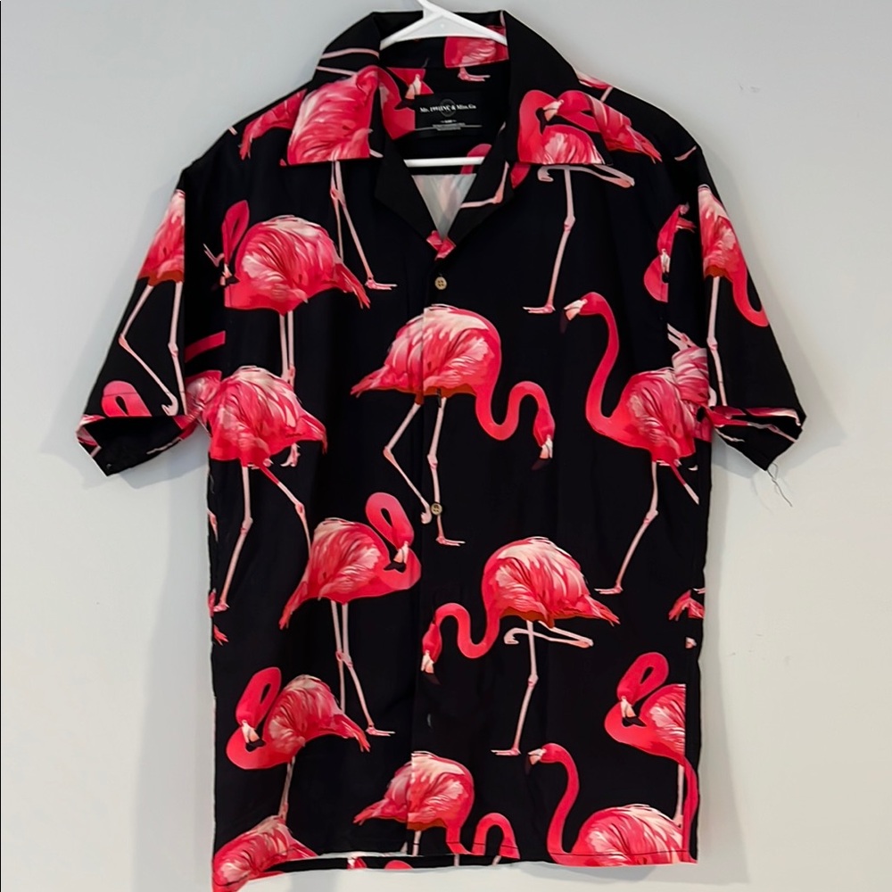 Flamingo Print Black Bowling Short Sleeve Shirt